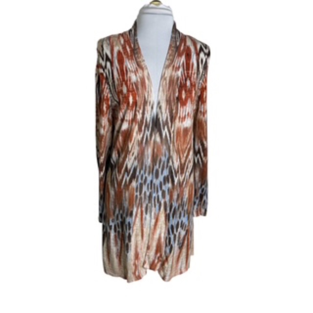 Chico's Tunic Length Multi-Colored Open Front Abstract Long Slv Cardigan Sz 2 - Picture 5 of 9